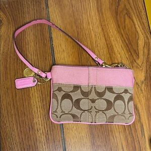 Coach Legacy Signature Pink and Tan Wristlet